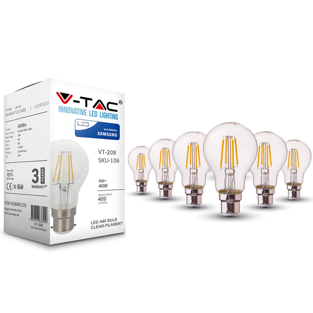 V-TAC 4W (40W) Classic A60 Shape Vintage Clear Filament LED Bulb with Samsung LED 2700K B22 BC (Bayonet Cap) Non Dimmable 6 Pack