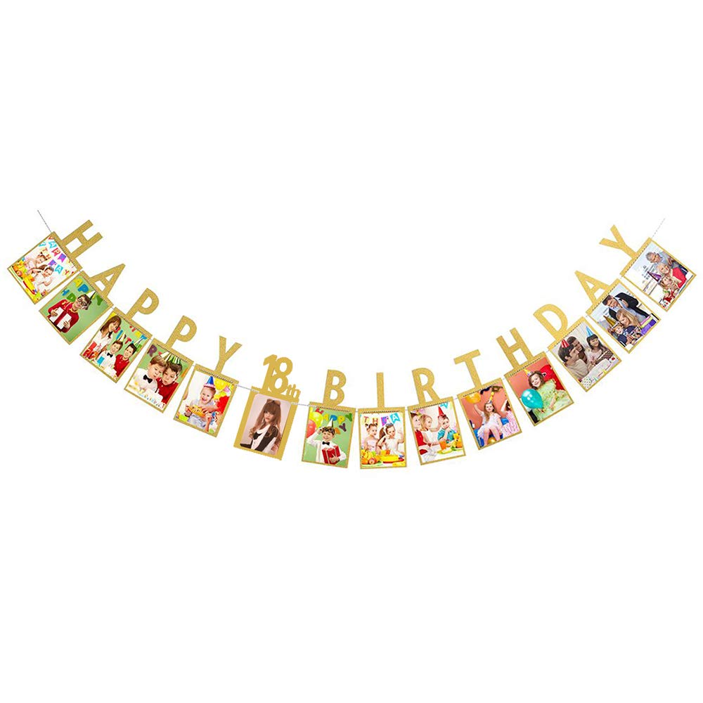 Dusenly Gold Happy 18th Birthday Photo Banner Photo Props Bunting Garland for 18th Birthday Party Decorations