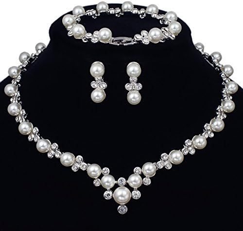 VenFashion #050 Clear Crystal Pearl Strand Necklace Earrings Bracelet Set Bridal wedding Party Prom Gift