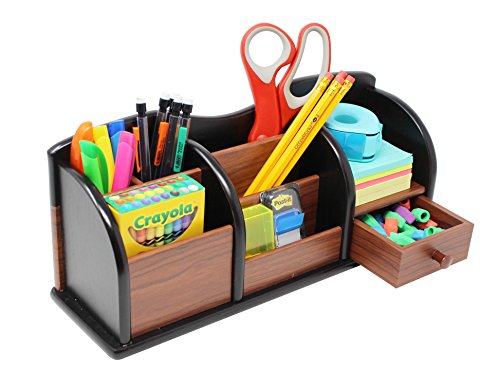 Cherry Brown Wooden Office Desk Organizer With Multiple Shelves/Racks and 1 Drawer for Office Supplies and Desk Accessories - Can be Used on Desktop|Table|Counter in Kitchen or At Work - Thumbnail 2