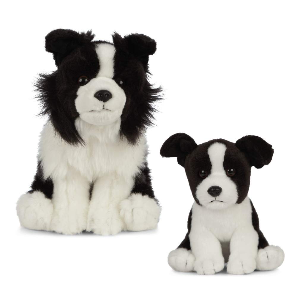 Living Nature Soft Toy Gift Bundle - Plush Border Collie Dog (20cm) & Puppy (16cm), Black & White