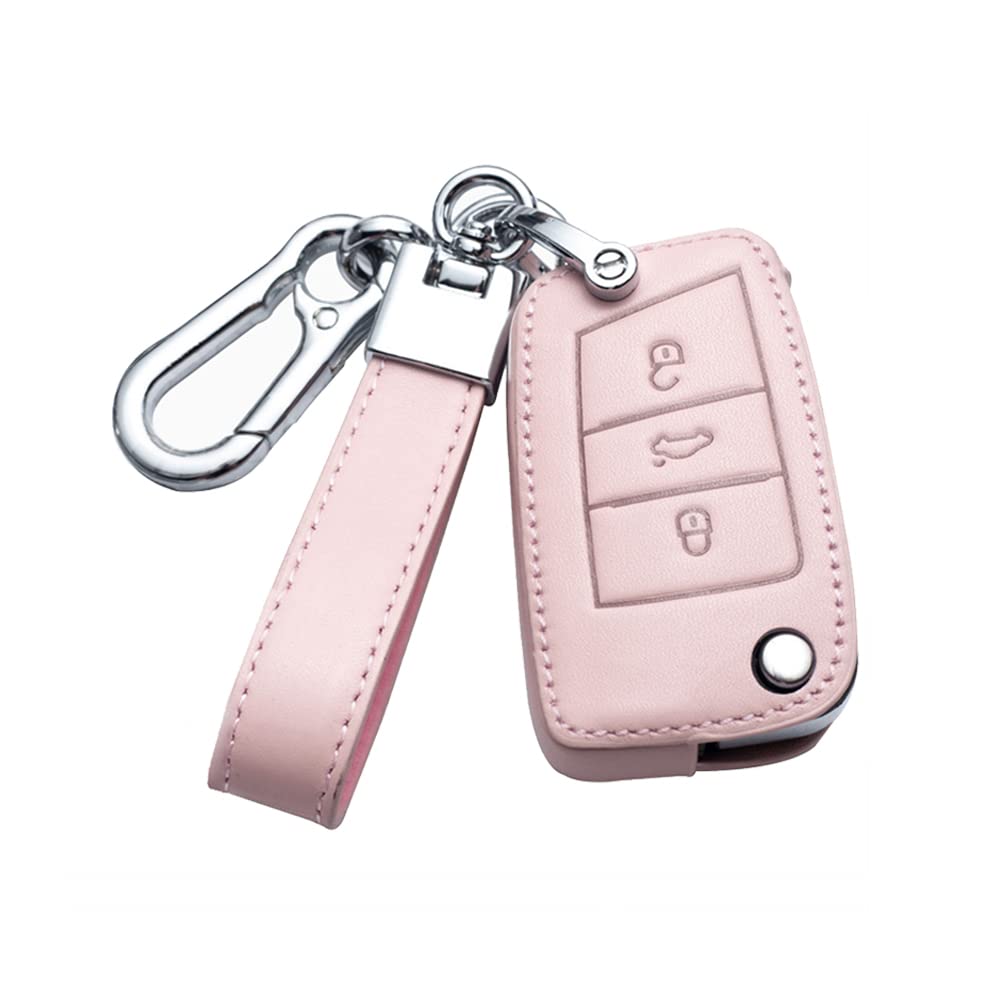 HIBEYO Car Key Case Fits VW Protective Cover Key Case Cowhide Leather Cover Flip Key for VW Caddy Passat MK4 Skoda Karoq Seat Leon Remote Control Key Case Keychain B Pink
