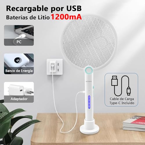 Gluckluz Raqueta Mosquitos Eléctrica, Matamoscas Electrico Recargable con USB Base, Antimosquitos Eléctrica con Luz Ultravioleta para Matar Mosquitos, Batería de 1200mAh (1)