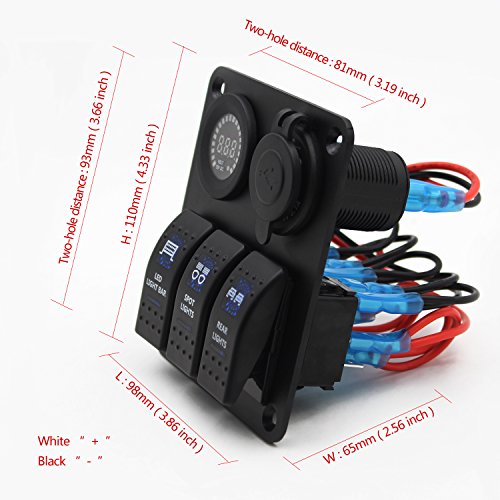 Switch Panel, FABOOD 3 Gang Waterproof Rocker Switches Panel with DC 12V Digital Voltmeter / 3.1A Dual USB and 3 LED Lights Switchs for Marine Boat Car RV - Thumbnail 2