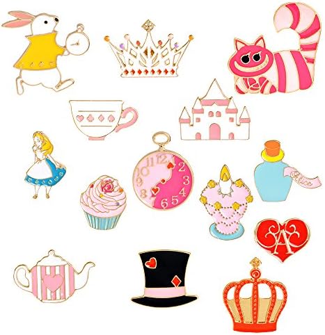 14pcs/set Alice in Wonderland Pin Brooch Palace Crown Teapot Cup Hat Enamel