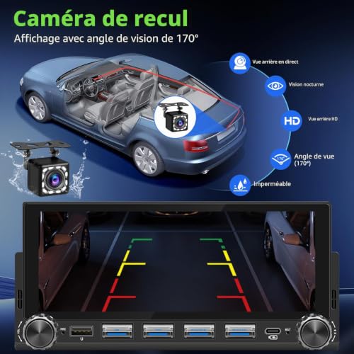 Autoradio 1 DIN Bluetooth avec sans Fil CarPlay et Android Auto - 6,86 Pouces HD Ecran Tactile,Wireless Autoradio avec Caméra de Recul，Bluetooth,Mirror Link,FM Radio,EQ,Mic,USB,Type-C, Navigation GPS