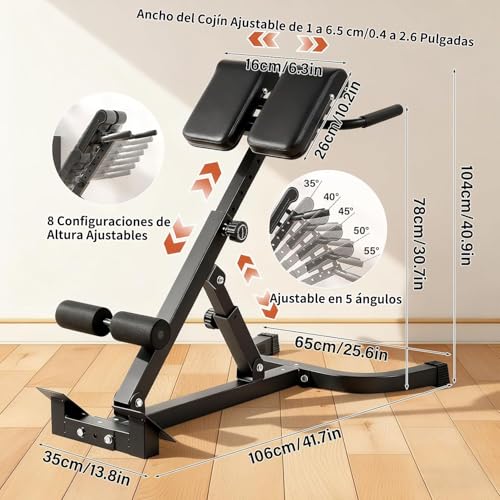 Silla Romana Ajustable, Multifuncional Banco de Hiperextensión para Glúteos, Espalda y Abdominales, Leg Extension Ajustable de Ángulo y Altura para Ejercicio Gimnasio en Casa