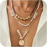 Douxsu Dainty Layered Beads Paperclip Chain Hammered Coin Pendant Necklace for Women Statement Round Disc Drop Beaded Stone Rope Necklaces Party Jewelry Gift