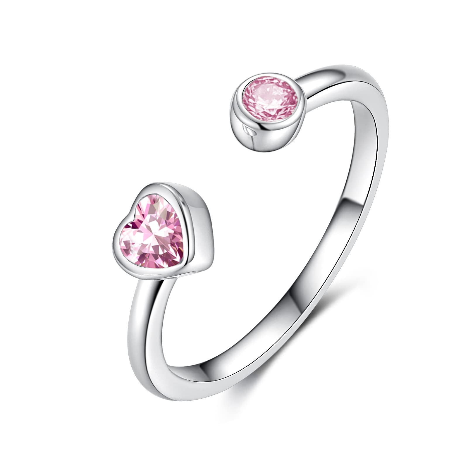 Heart Birthstone Adjustable Rings for Women - 925 Sterling Sliver October Tourmaline Birthstone Open Ring Promise Wedding Engagement Rings Christmas and Birthday Jewellery Gifts for Wife Teenage Girls