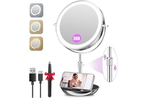 Auxmir 9" Large Lighted Makeup Mirror with Magnification, 1X/30X Double Sided Magnifying Mirror with Adjustable Height, Rechargeable Vanity Mirror with 3 Color Dimmable Lights, 360° Rotation