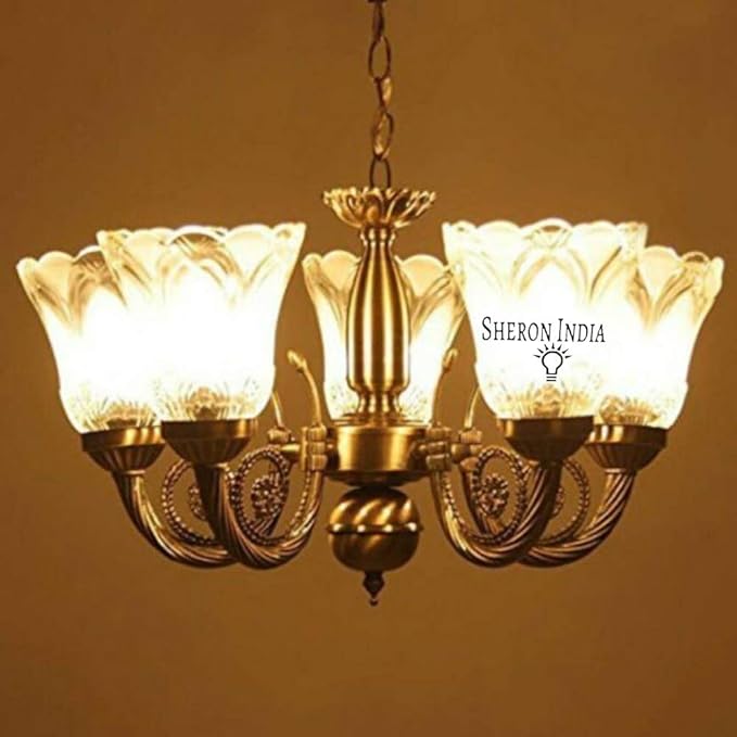 SHERON INDIA Glass 5 Light Antique Chandeliers LED for Home Decor (Golden)