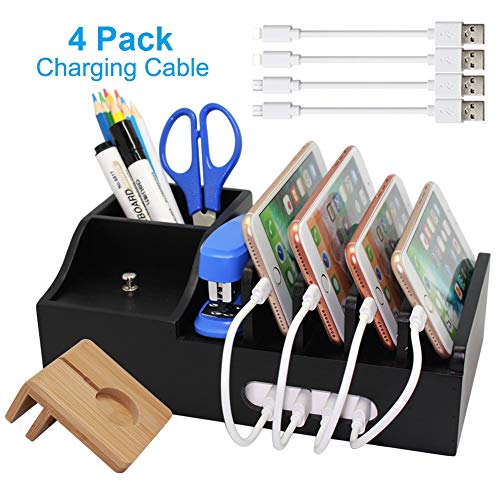Bamboo Charging Station for Multiple Devices, Bedside Organizer Holder for Cell Phone, Tablet and Watch, Office Desktop Wood Storage Box for Pen, Key, Remote (Not USB Charger) - Pezin & Hulin