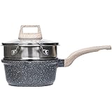 Carote 2-Quart Nonstick Saucepan with Glass Lid+Stainless steamer+wood spoon, Soup Pot Nonstick Saucepan Granite Coating from