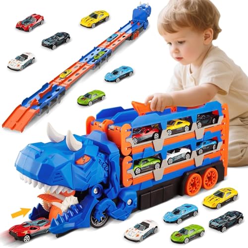 NEOROSVIKA Dinosaurios de Juguetes, Camión de Juguete de Dinosaurios con 12 Coches, Carritos Juguetes para Niño, Pista Doble Plegable, Regalo para Niños y Niñas (Azul)
