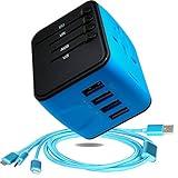4x USB Travel Adapter–International Power Adapter-Worldwide Fast Charger-Plugs for UK, US, AU, Europe & Asia-All In One Universal Travel Plug-Extra Fuse Plus Free Gift:Multi USB Cable-Blue-by BENK