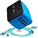 4x USB Travel Adapter–International Power Adapter-Worldwide Fast Charger-Plugs for UK, US, AU, Europe & Asia-All In One Universal Travel Plug-Extra Fuse Plus Free Gift:Multi USB Cable-Blue-by BENK