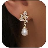 PRTGL Pearl Earrings: 14k Gold/White Gold/Rose Gold Plated Cubic Zirconia Accented Pearl Drop Dangle Wedding Engagement Earrings For Women Bridal Bridesmaid