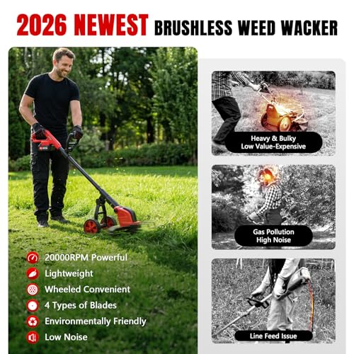 20000 RPM Electric Weed Wacker with Wheel,12″ Brushless Cordless Weed Eater Battery Powered, 4-in-1 Brush Cutter/String Trimmer/Grass Edger/Lawn Mower,Stringless Weed Trimmer 2 Battery (Red)