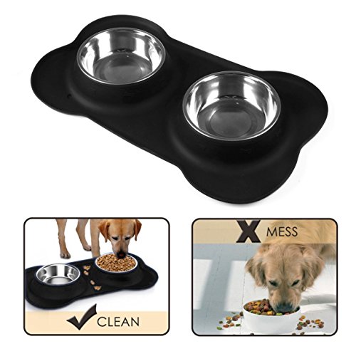 Vovoly Food Bowls for Dogs and Cats with 2 Pets Bowls Stainless Steel 24 oz and 1 Mat Silicone Black - Thumbnail 5