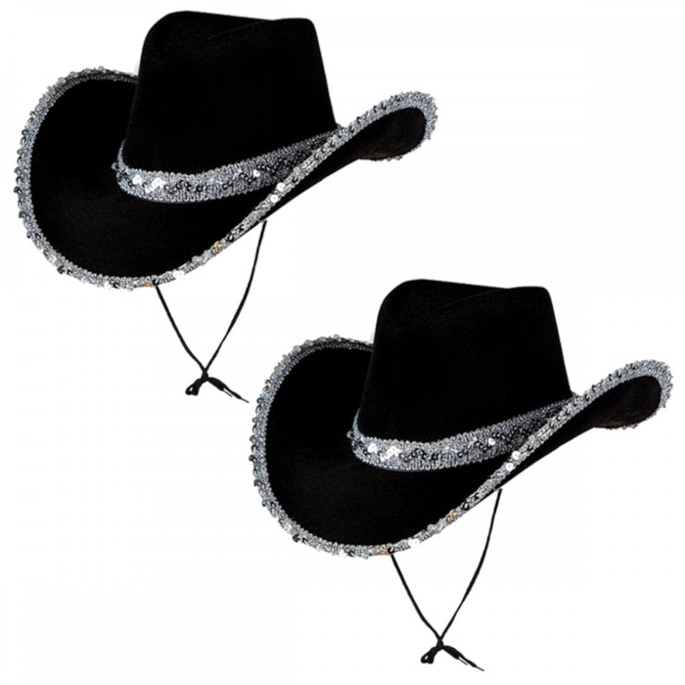 Titch & Timbo 2 Pack Cowgirl Hats (Multiple Options) : Adult Ladies Womens Western Wild West Hen Night Music Festival Barn Dance Rodeo Fancy Dress Cowboy Costume Accessories (Sequin, Black,Black)
