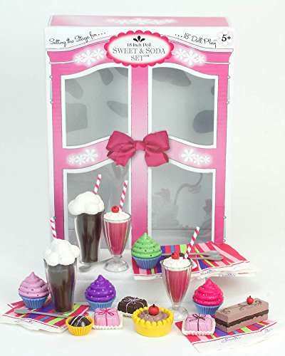 Complete 27 Pc Doll Accessory Food Set, 15 Sweet Treats & Spoons & Paper Napkins, 18 Inch Doll Pretend & Doll Accessory Play Set; Floats, Shakes, Cupcakes & More in Decorative Keepsake Box by Sophia's