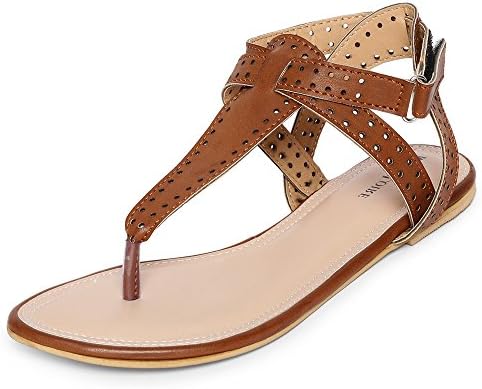 MarcLoire Women Gladiator Flats Sandals, Girls Fashion Flat Sandals, Open Toe Sandals with Buckle Closure - Synthetic, Beige, Tan