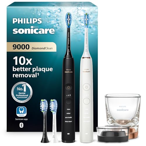 Philips Sonicare DiamondClean 9000 cepillo dental eléctrico, paquete doble, cepillo dental sónico con aplicación, sensor de presión, vaso de carga, negro y oro rosa, modelo HX9914/61