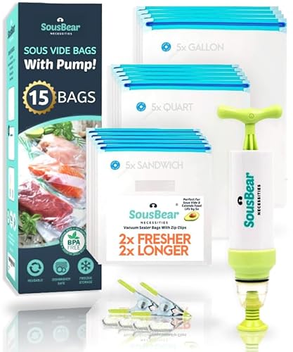 Sous Vide Bags with Pump, 20 Pack pt, qt, gal Reusable Vacuum Seal