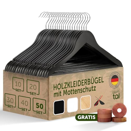 Blumtal Kleiderbügel Holz 50er Set - Holzbügel mit 360° drehbarem Metallhaken - Kleiderbügel Schwarz mit Zedernholz Mottenschutz - Anti-Rutsch-Schicht