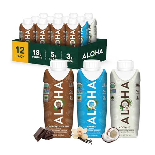 ALOHA Organic Plant-Based Protein Drink – Variety Pack | 18g Protein, 5g Sugar, 3g Fiber | Made with Creamy Coconut Milk, Fair Trade Certified, No Stevia | Vegan, Non-GMO, Gluten-Free, 11 fl oz (12 Pack)