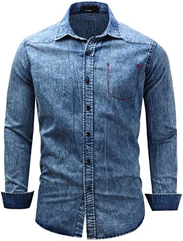 HULANG Mens Vintage Long Sleeve Button-Down Shirt In Washed Denim (Small, 112Blue)