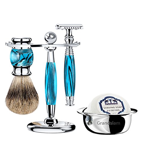 Grandslam Luxury Shaving Kit Set Safety Razor+20 Blades or Mach Fusion 5/Finest Badger Brush/Bowl/Shaving Soap and Stand Great Gift Idea for Father Husband or Boyfriend (Safety Razor, Blue) - Thumbnail 7