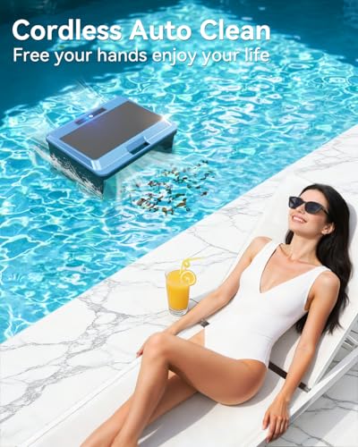 Poofata 2026 Upgraded F1T Solar Powered Robotic Pool Skimmer Surface Cleaner with APP Support Dual Charging Options Smart Obstacle Avoidance 24/7 Continuous Cleaning Ideal for Above Ground Pool Blue