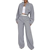 EXLURA Womens 2 Piece Outfits Long Sleeve Zip Up Crop Jackets Long Wide Leg Pant Suits Spring Airport Travel Matching Sets