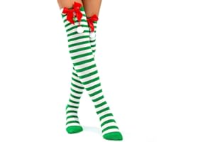 deladola Christmas Striped Thigh High Socks Candy Cane High Stockings with Bow for Women