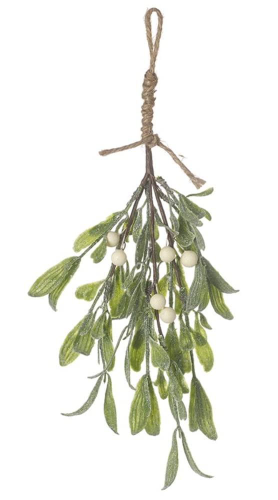 Large Artificial Frosted Green Christmas Mistletoe Hanging Bunch Decoration with Sparkly Winter White Berries & Leaves - 35 cm