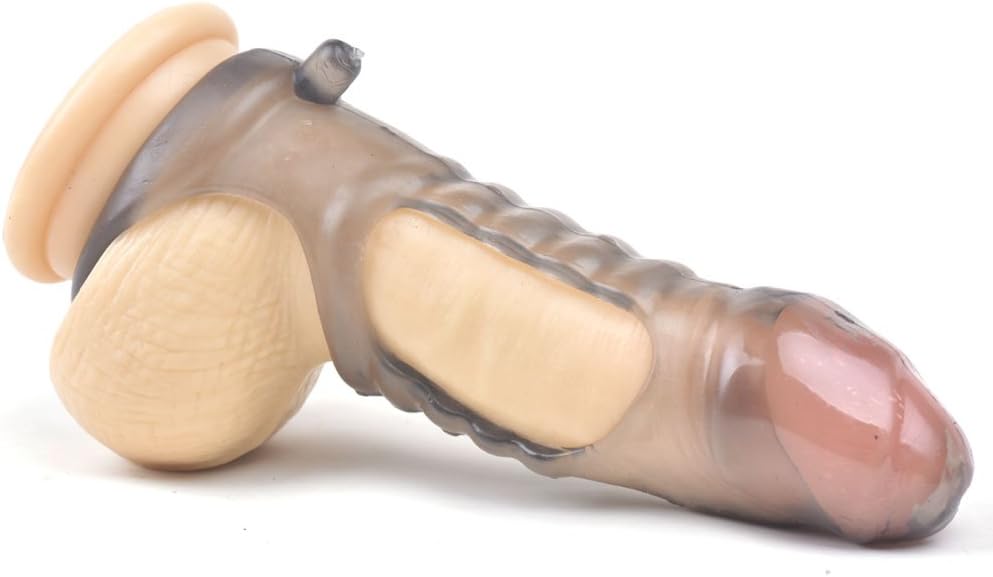 PleasureBox Ribbed Shaft Penis Sleeve Cock Ring Extra Stimulation, Translucent, Grey,sandal