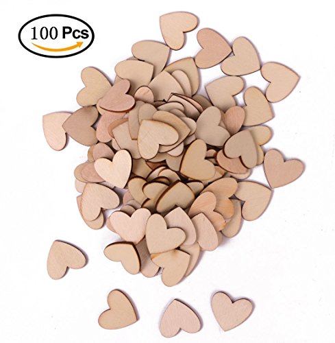 Shapenty Unfinished Blank Wooden Heart Shaped Slices Discs DIY Craft Pieces for Wedding Ornaments Christmas Party Embellishment, Pack of 100