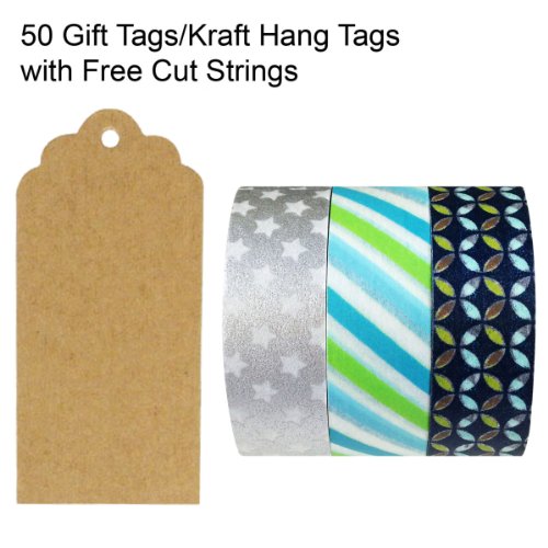 Wrapables 50 Scalloped Gift Tags/Kraft Hang Tags with Free Cut Strings & Set of 3 Washi Tape for Gifts, Crafts & Price Tags - Stars & Stripes