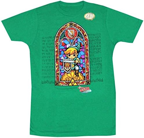 Legend of Zelda Mens T-Shirt - Stained Glass Link Windwaker HD Image (Medium) Green