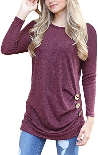 Flywm Women's Casual Long Sleeve Crew Neck Button Decor T Shirt Tunic Top Loose Blouse(L, Wine Red)