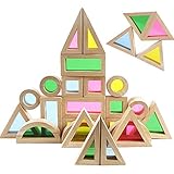 Agirlgle Wood Building Blocks Set for Kids 24 Pcs Rainbow Stacker Stacking Game Construction Building Toys Set Preschool Colorful Learning Educational Toys - Geometry Wooden Blocks for Boys & Girls