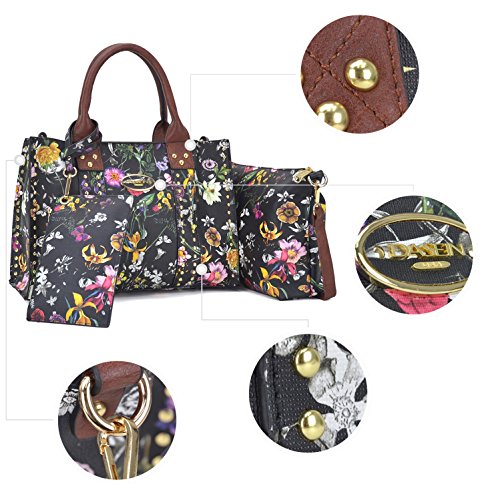 Women Handbag 3 Pieces Set Leather Shoulder Bag Satchel Purse 3 in 1 Simple Design Black Floral/Coffee