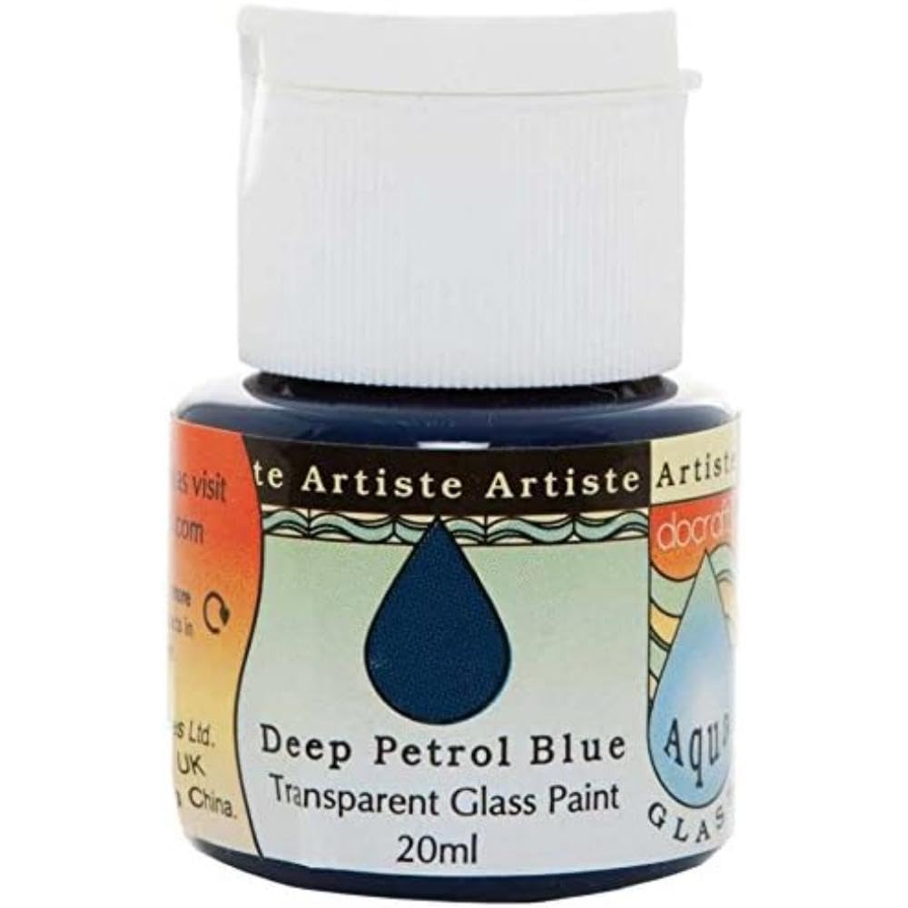 Artiste Glass Paint 20ml Aquaglass Deep Petrol Blue, Water Based Paints, For Painting On Glass, Perspex, Acetate, Gentle Translucent Finish, Wipe Clean When Wet, Water Proof Once Dry, Glass Crafting