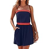 SAUKOLE Summer Dresses for Women Bandeau Strapless Smocked Elastic Waist Sundress Tube Mini Dress with Pockets