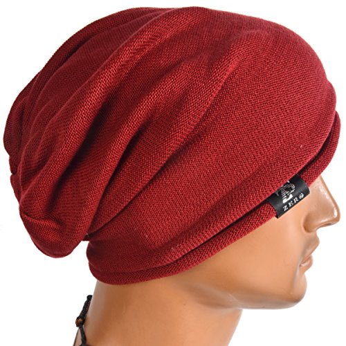 Men's Cool Cotton Beanie Slouch Skull Cap Long Baggy Hip-hop Winter Summer Hat (Roll-Red)