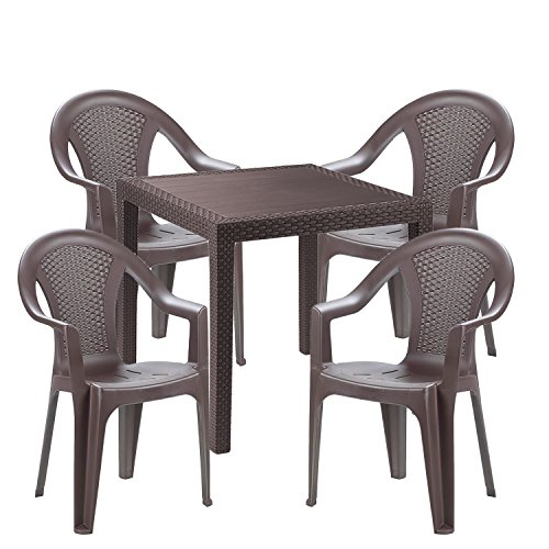 Mojawo® Gartengarnitur - 5-teilig - Gartentisch Kunststoff 79x79cm H72cm - + 4 Stapelstühle - Kunststoff Mokka - Bistro Set - Esstisch - Stapelstuhl