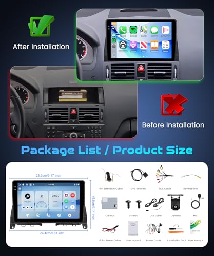 4G+128G Android Car Radio for Mercedes Benz C Class W204 S204 with COMAND 2006-2011, 9" In-Cell Screen Wireless Carplay Android Auto GPS Navi WiFi FM/RDS/EQ Bluetooth Mirror Link SWC Backup Camera