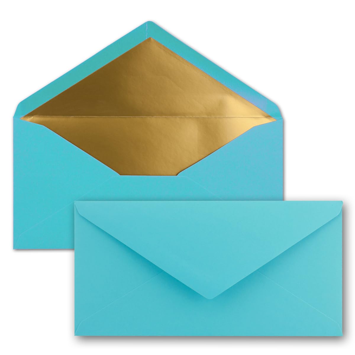 Long Envelopes size DIN Long, gummed, wet seal, Gold / Silver metallic lining 25 Umschläge Turquoise Gold