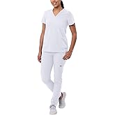 Adar Addition Scrubs Set for Women - Stretch V-Neck Scrub Top & Skinny Cargo Scrub Pants, 10 Pockets